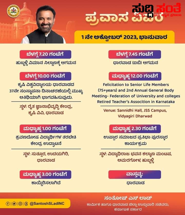ಸಚಿವ ಸಂತೋಷ ಲಾಡ್ ಅಕ್ಟೋಬರ್ 1 ರಂದು ಧಾರವಾಡದಲ್ಲಿ – ಯಾವ ಯಾವ ಕಾರ್ಯಕ್ರಮಗಳಲ್ಲಿ ಸಚಿವರು ಪಾಲ್ಗೊಳ್ಳಲಿದ್ದಾರೆ ನೋಡಿ….. ಸಚಿವ ಸಂತೋಷ ಲಾಡ್ ಅಕ್ಟೋಬರ್ 1 ರಂದು ಧಾರವಾಡದಲ್ಲಿ – ಯಾವ ಯಾವ ಕಾರ್ಯಕ್ರಮಗಳಲ್ಲಿ ಸಚಿವರು ಪಾಲ್ಗೊಳ್ಳಲಿದ್ದಾರೆ ನೋಡಿ…..