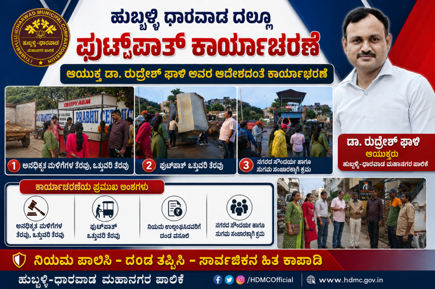 ಹುಬ್ಬಳ್ಳಿಯಲ್ಲೂ ಪುಟ್ ಪಾತ್ ಕಾರ್ಯಾಚರಣೆ -ಆಯುಕ್ತ ಡಾ ರುದ್ರೇಶ ಘಾಳಿ ಅವರ ಸೂಚನೆ ಕಾರ್ಯಾಚರಣೆ ಮಾಡುತ್ತಿರುವ ಸಿಬ್ಬಂದಿಗಳು…..