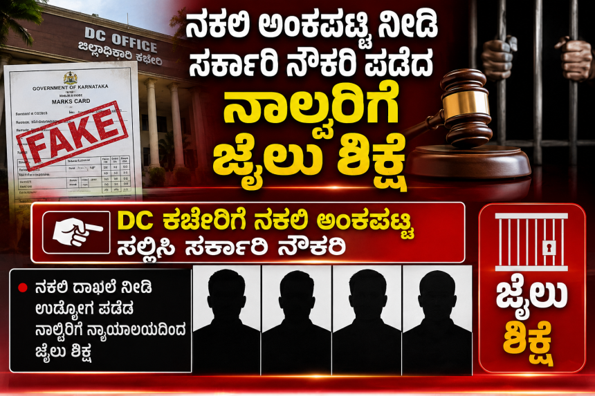ನಕಲಿ ಅಂಕಪಟ್ಟಿ ನೀಡಿ ಸರ್ಕಾರಿ ನೌಕರಿ ಪಡೆದ ನಾಲ್ವರಿಗೆ ಜೈಲು ಶಿಕ್ಷೆ – DC ದೂರಿನ ಹಿನ್ನಲೆ ನ್ಯಾಯಾಲಯದಿಂದ ಆದೇಶ…..